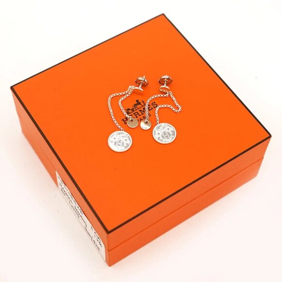 HERMES Ex-Libris Round Drop Stud Earrings Silver 925 & 18k Rose Gold Auth w/Box - Picture 11 of 11